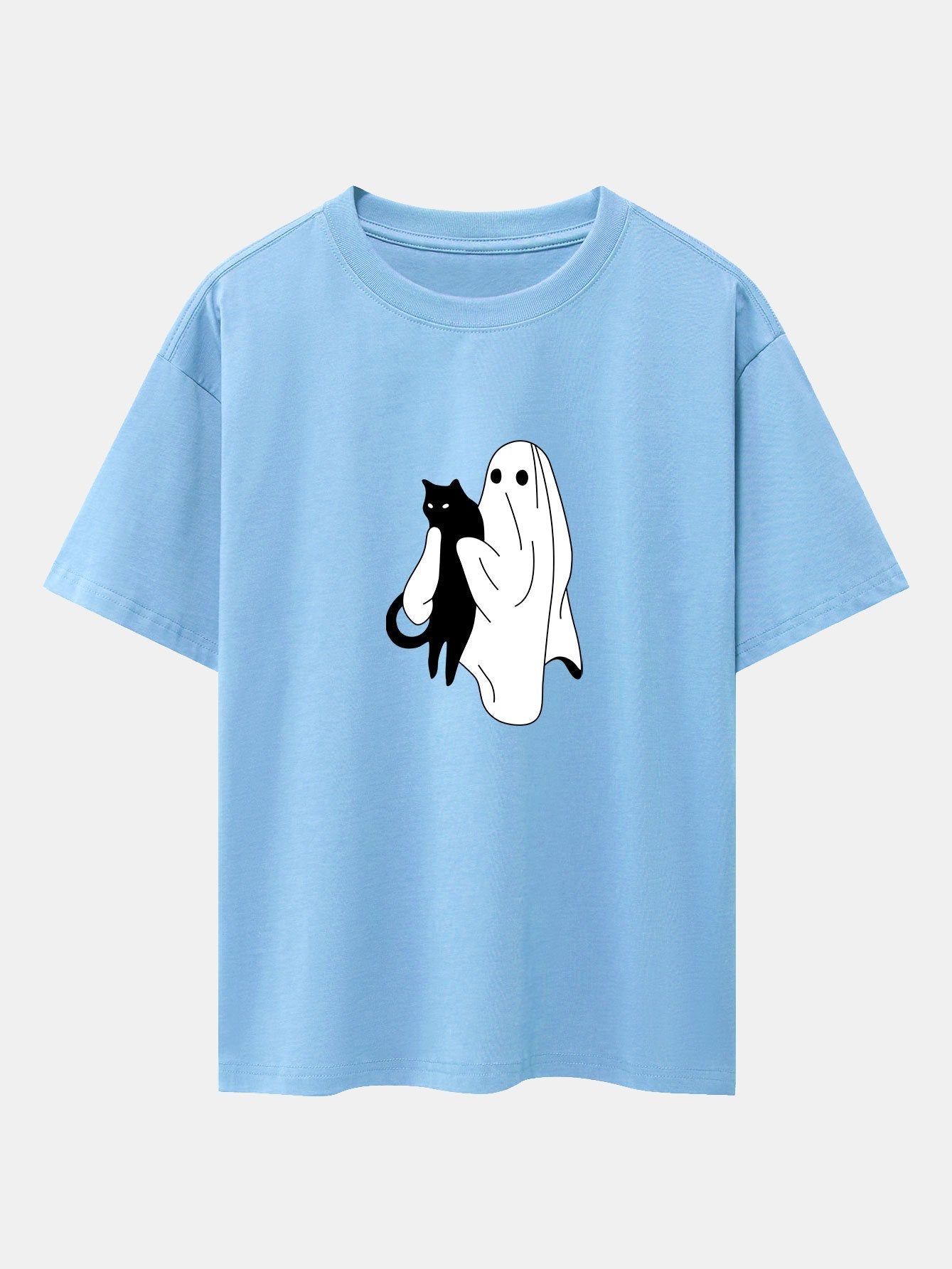 Ghost Black Cat Print Drop Shoulder Oversize T-Shirt