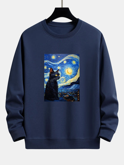 Starry Sky Cat Print Relax Fit Sweatshirt