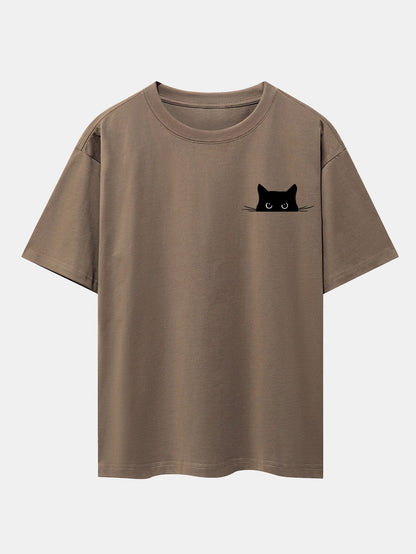 Black Cat Print Drop Shoulder Oversize T-Shirt