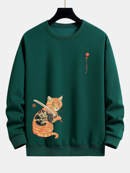 Samurai Warrior Cat Print Relax Fit Sweatshirt