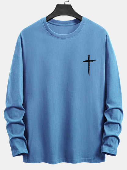 Long Sleeve Cross Print Cotton T-Shirt