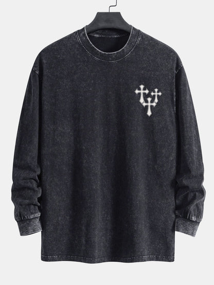 Cross Print Relax Fit Long Sleeve Washed Distressed T-Shirt