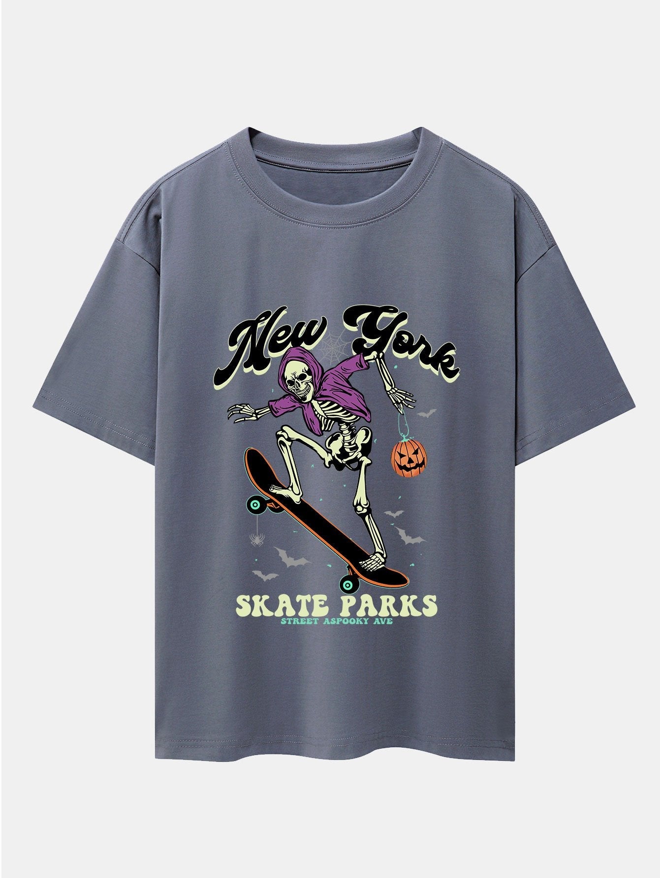 Halloween Skateboard Skeleton Print Drop Shoulder Oversize T-Shirt