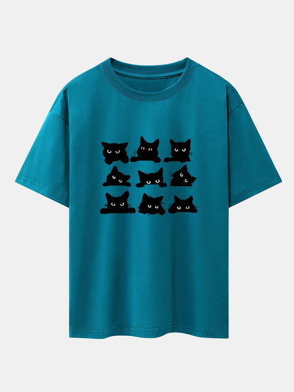 Black Cat Staring Print Drop Shoulder Oversize T-Shirt