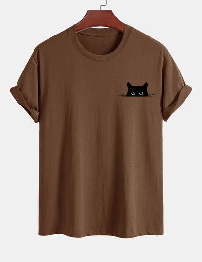 Regular Fit Black Cat Print Cotton T-Shirt