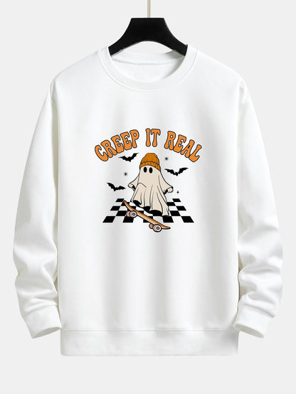 Halloween Skateboard Ghost Print Relax Fit Sweatshirt