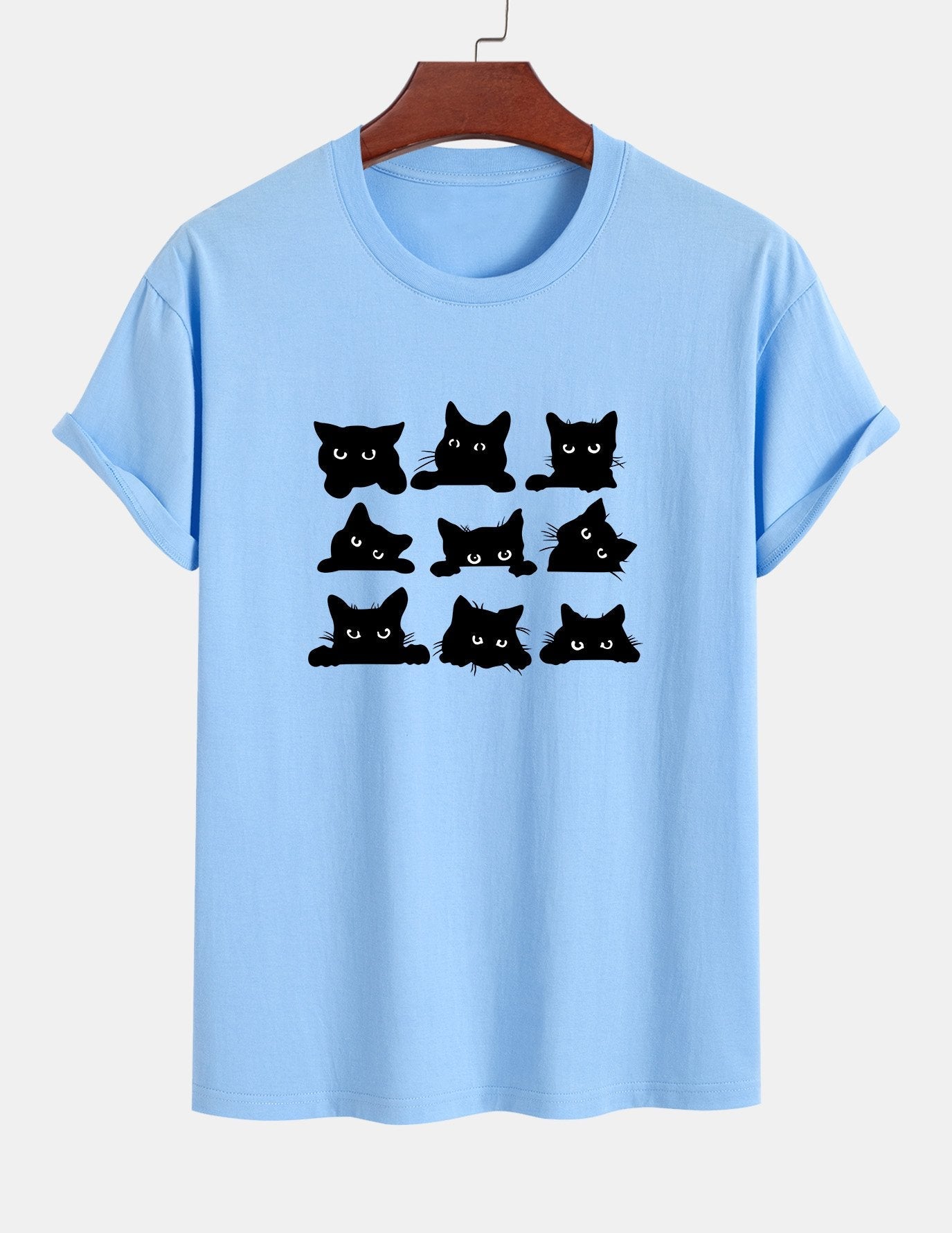 Regular Fit Black Cat Staring Print Cotton T-Shirt