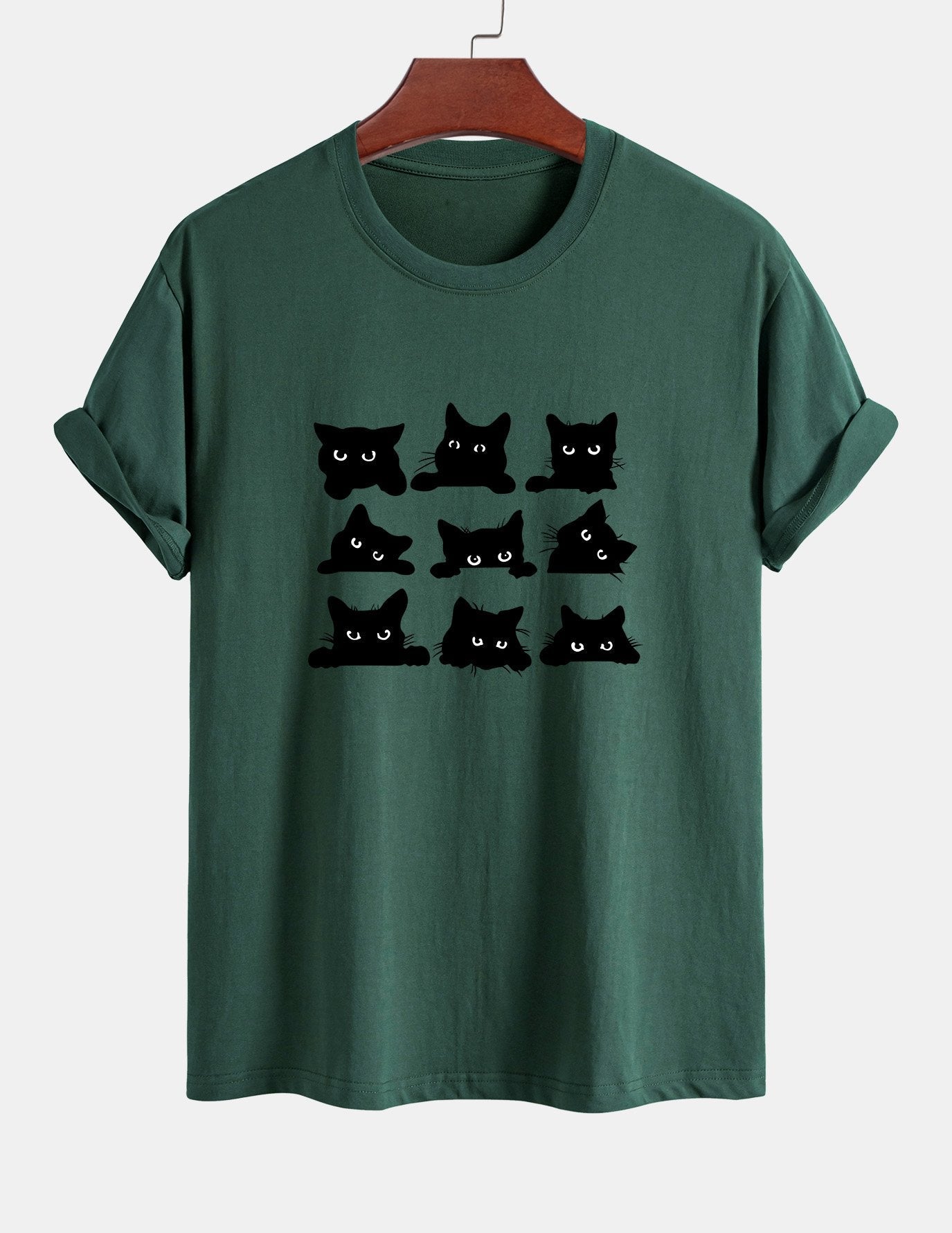 Regular Fit Black Cat Staring Print Cotton T-Shirt