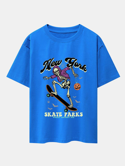 Halloween Skateboard Skeleton Print Drop Shoulder Oversize T-Shirt