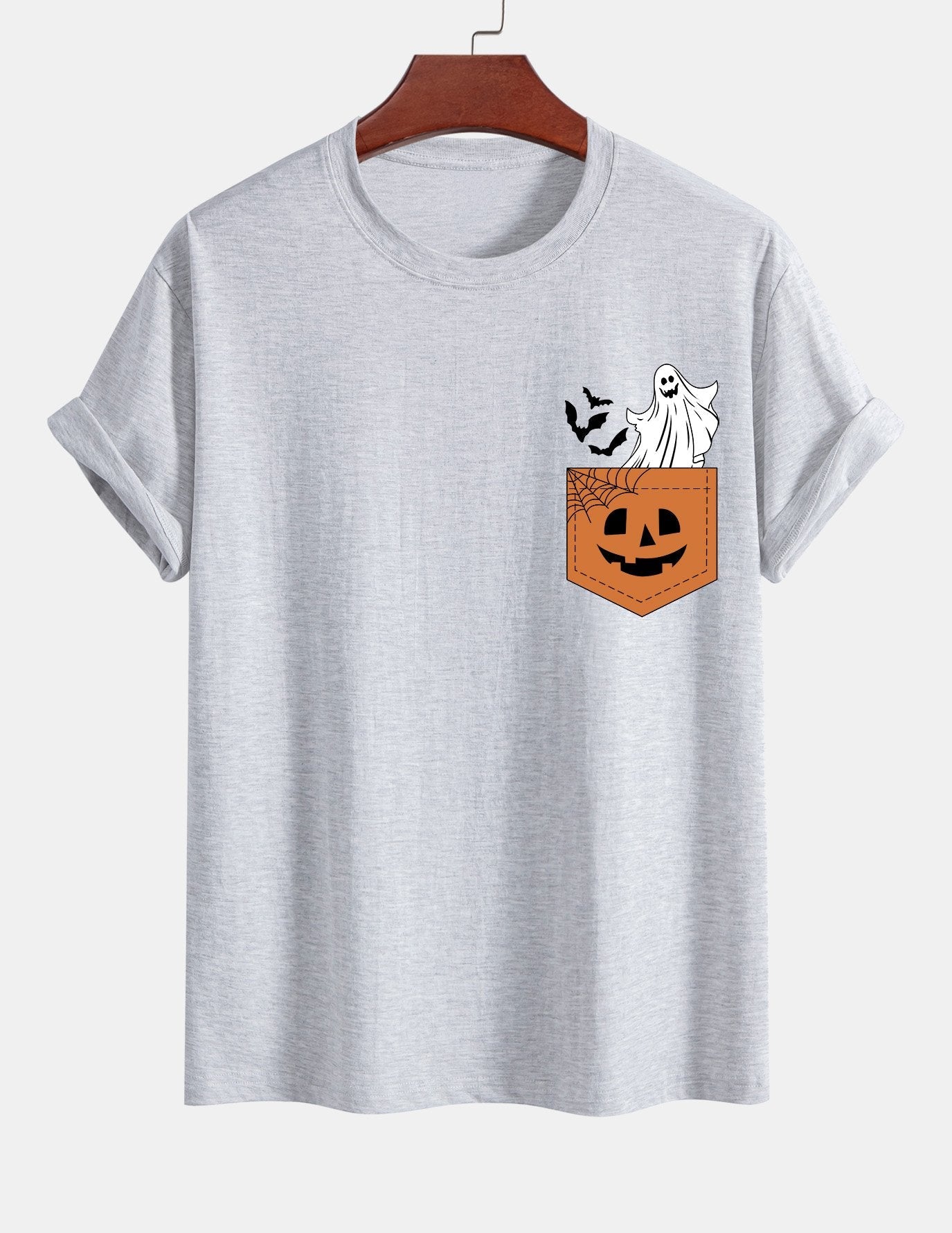 Regular Fit Pocket Pumpkin Ghost Print Cotton T-Shirt