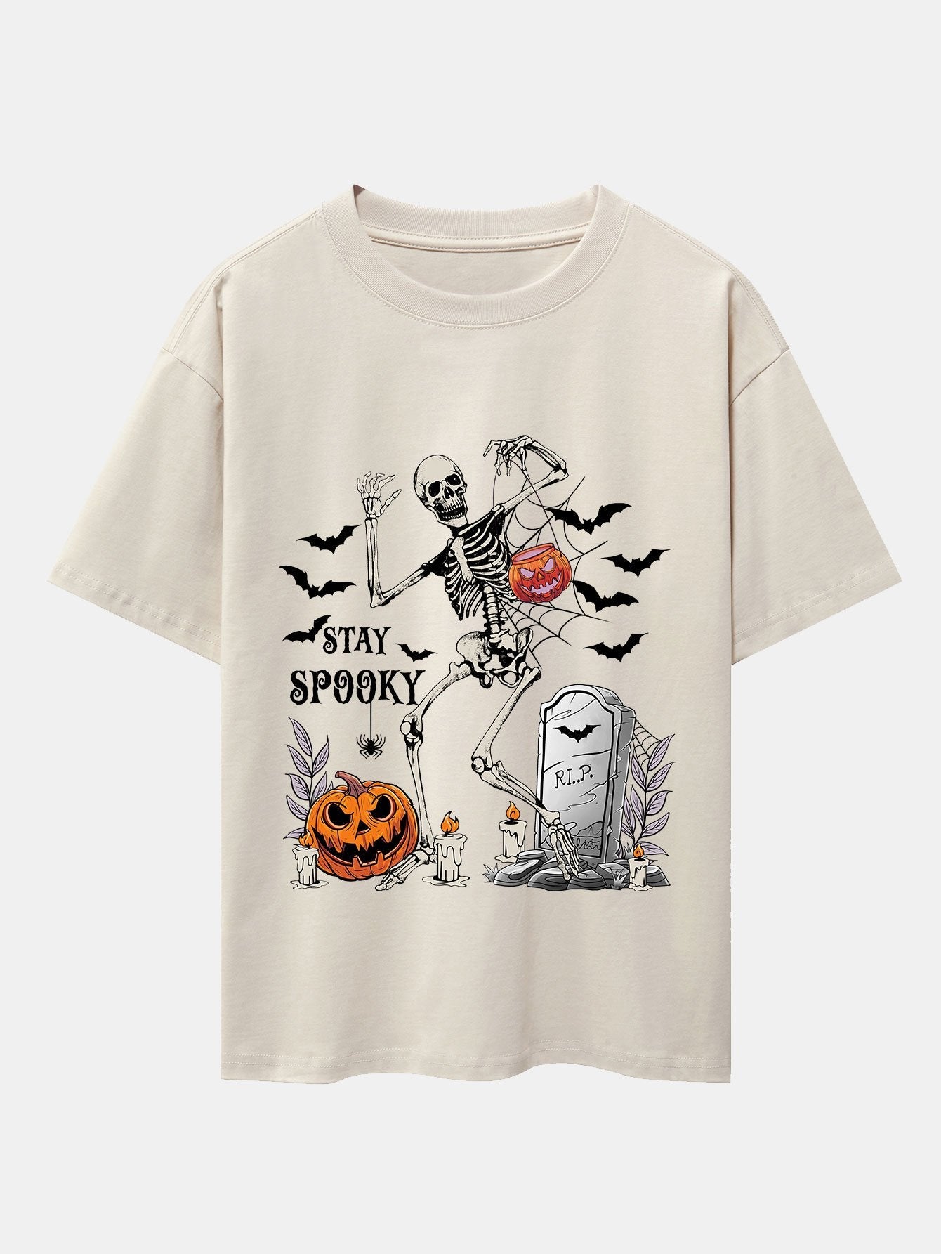 Halloween Skeleton Stay Spooky Print Drop Shoulder Oversize T-Shirt