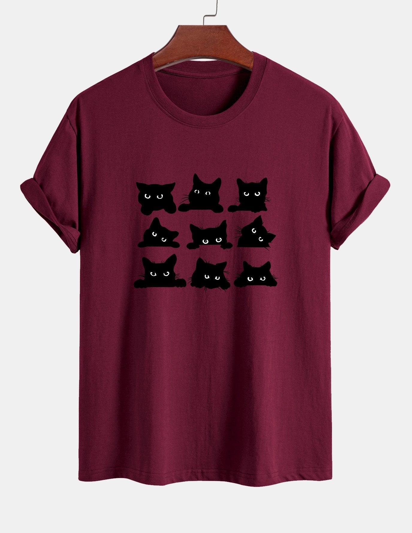 Regular Fit Black Cat Staring Print Cotton T-Shirt