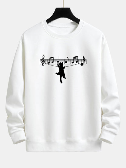 Musical Note Cat Print Relax Fit Sweatshirt