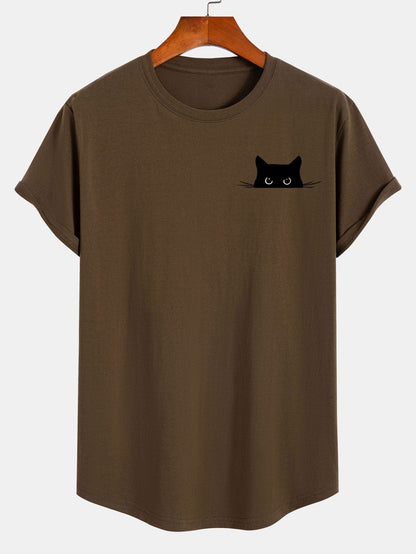 Black Cat Print Cotton Arc Hem T-Shirt