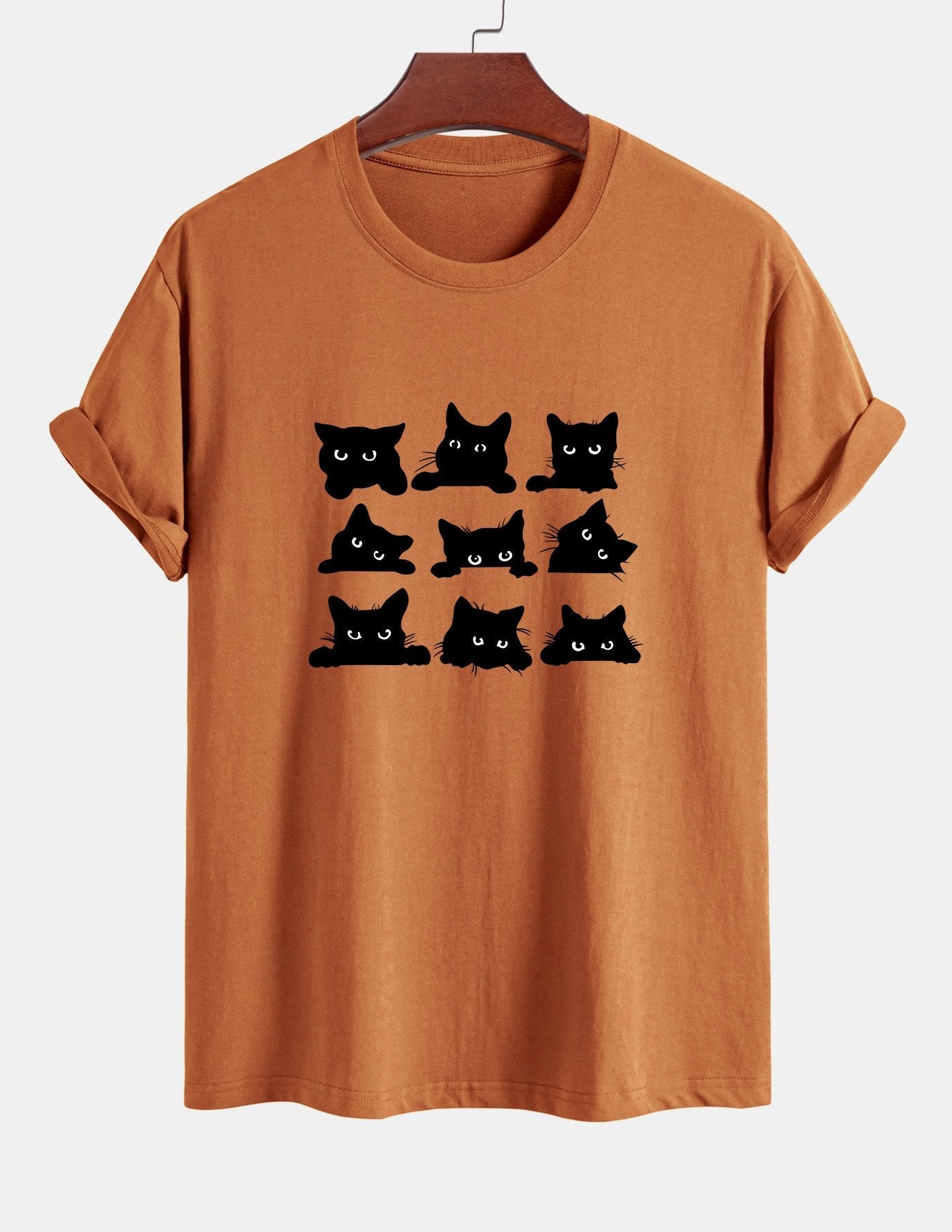 Regular Fit Black Cat Staring Print Cotton T-Shirt