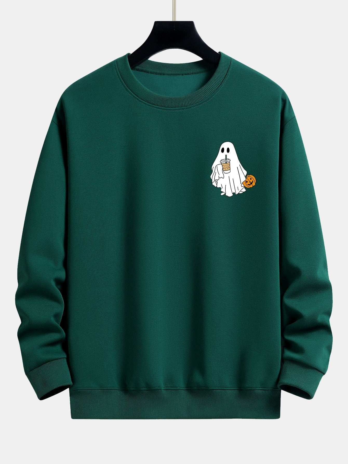 Pumpkin Ghost Drinking Milk Tea Print Relax Fit Sweatshirt