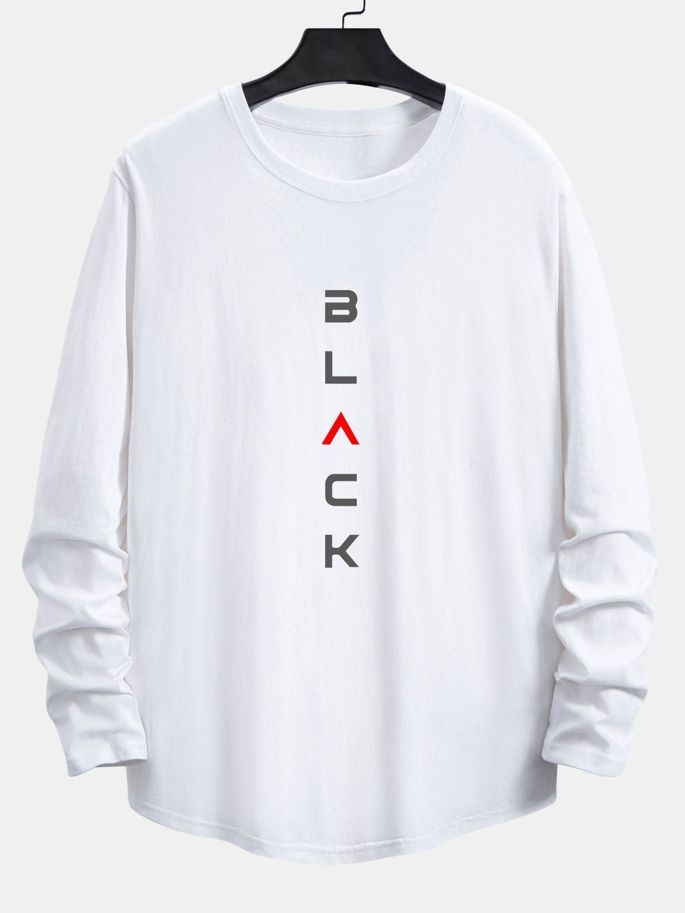 Long Sleeve Black Slogan Print Cotton Arc Hem T-Shirt